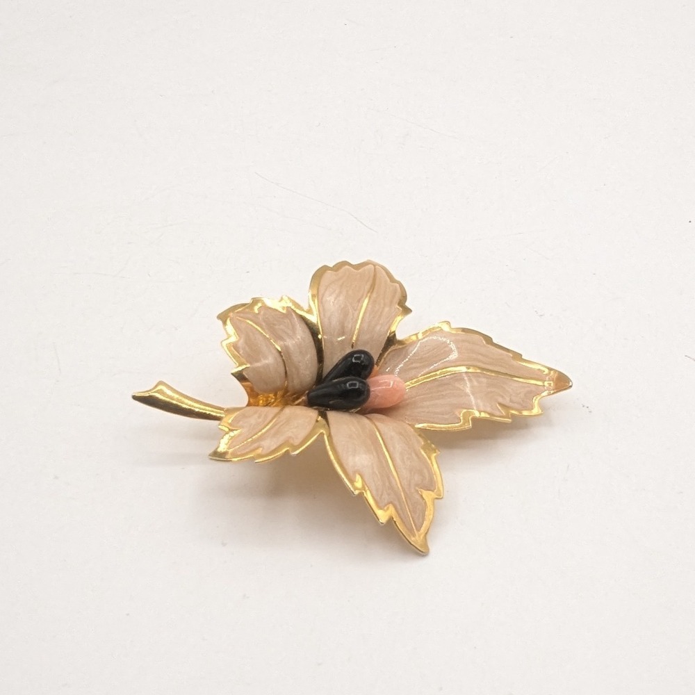 Vintage Gold‎ Tone Enamel Leaf Brooch Champagne Pink Black Bead Accent Pin 2in